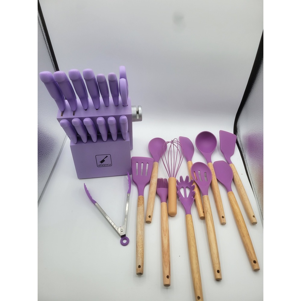 Imarku Purple Kitchen Knife Block Set and Silicone Wood Utensil Set 25+ Piece